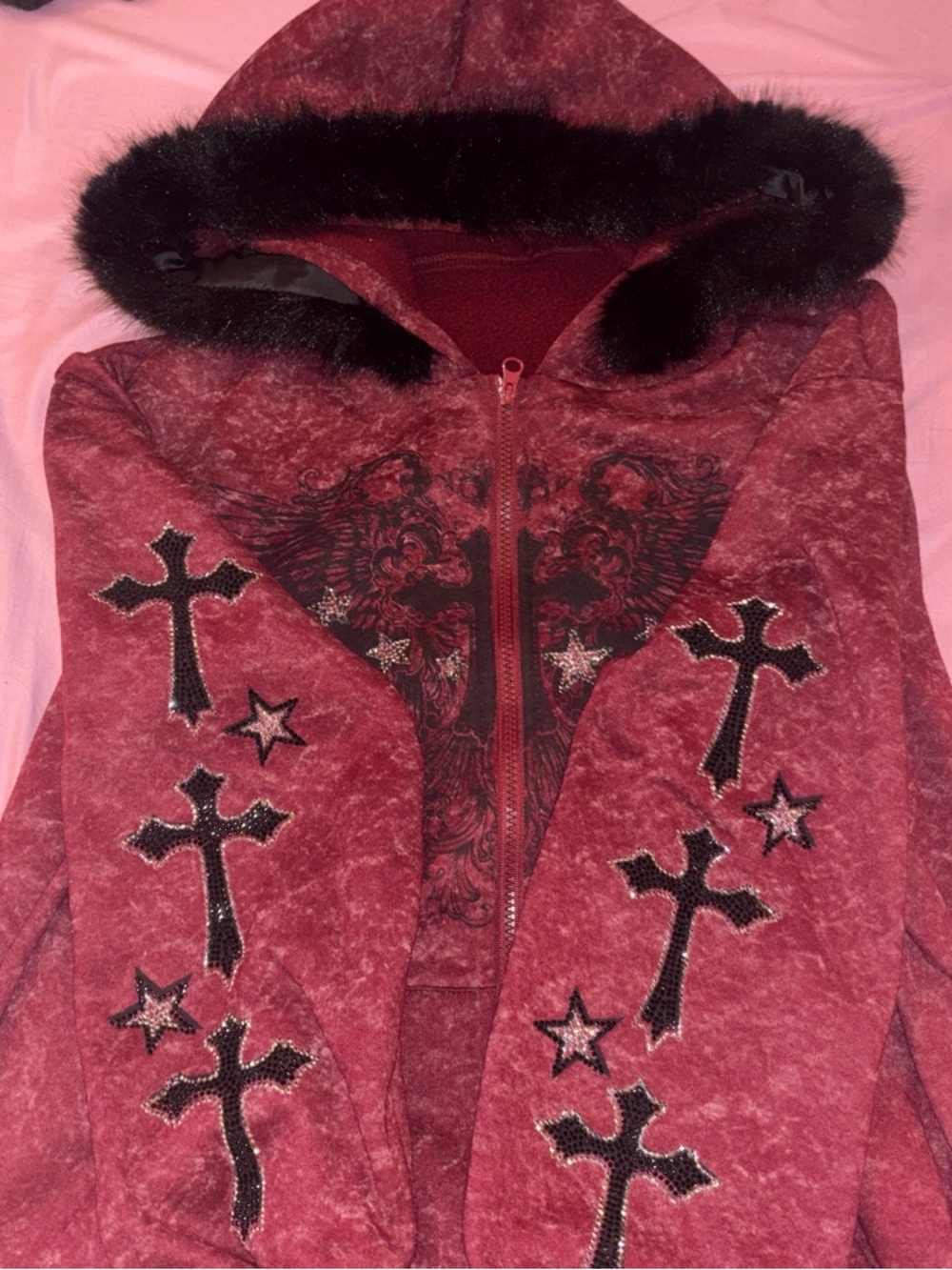 Women’s Red Hooded Zip Jacket with removable Faux Fur Trim